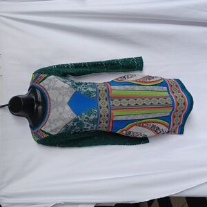 Peachpuff Bodycon Knit Graphic Dress, Lace Sleeves, Sz M, 16" PTP, 33" L